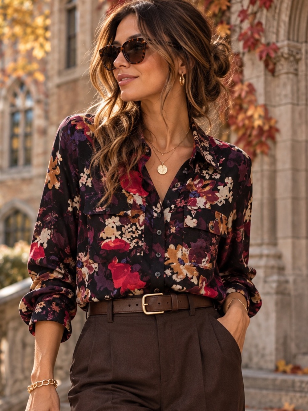 LOFT Petites Dark Floral Button Front Blouse Black Burgundy Purple